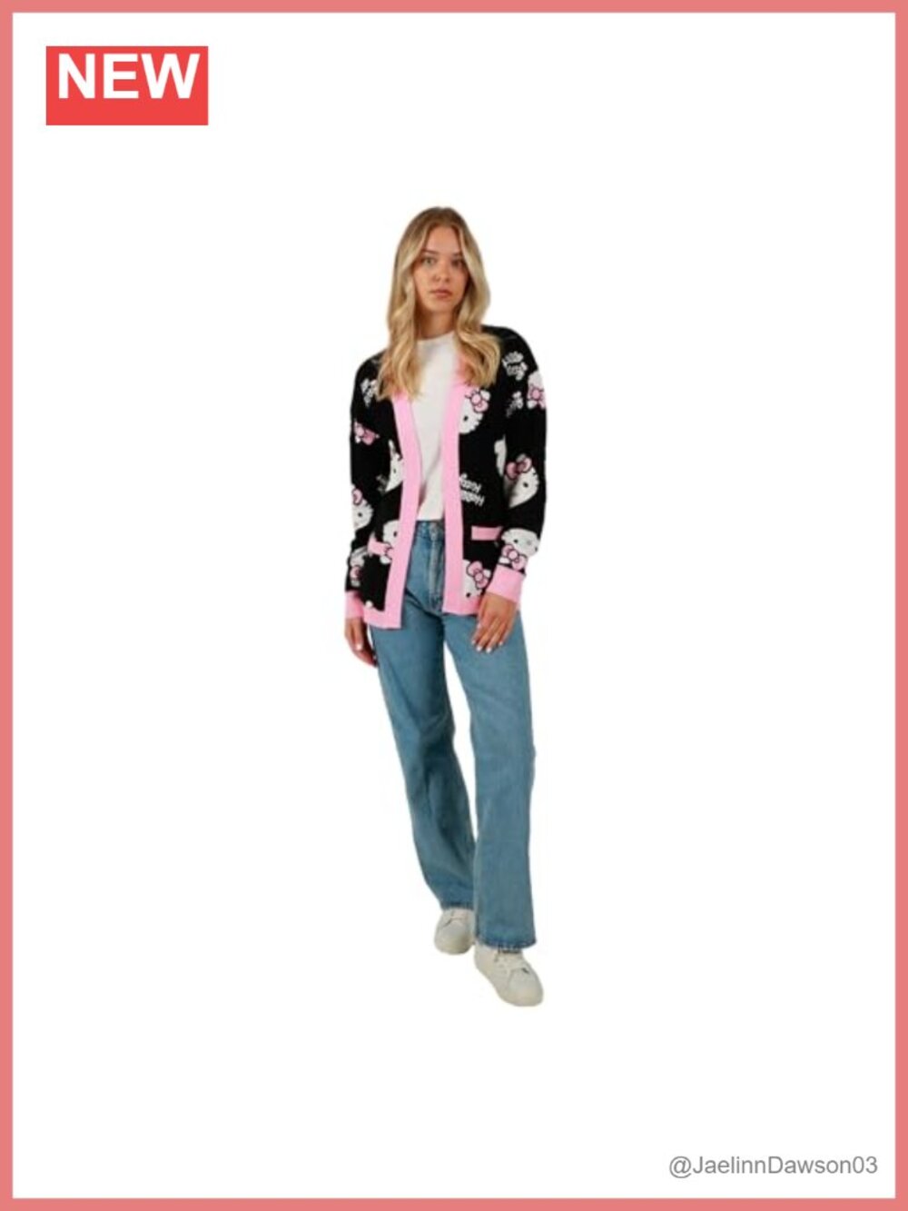 Hello Kitty Jacquard Knit Cardigan Relaxed Fit Buttonless Women's Sweater